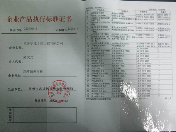 產(chǎn)品標(biāo)準(zhǔn)執(zhí)行證書(shū)